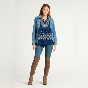 Sundance Navy Blue Boho Chic Cotton Embroidered Top Size Medium